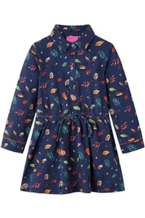 vidaXL A-Linien-Kleid Kinderkleid mit Langen Ärmeln Blattmuster Marineblau 104 Kurz blau