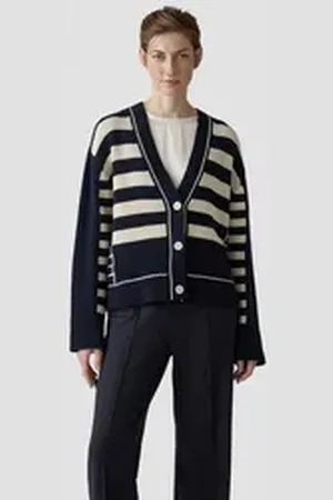 Le Comte Strickjacke Strickjacke mit Perlfang-Strickart und Streifenmuster blau 48