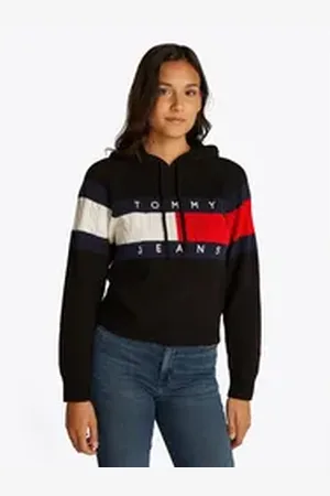 Tommy Hilfiger Kapuzenpullover TJW CENTER FLAG HOOD SWEATER EXT mit Kapuze, großem Logo-Flag schwarz M (38)