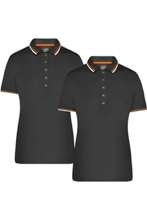 James & Nicholson Poloshirt Doppelpack Damen Polo-Shirt coldblack mit UV-Schutz JN965 (Spar-Set, 2er-Pack) Kontraststreifen an Kragen und Ärmel orange|schwarz L