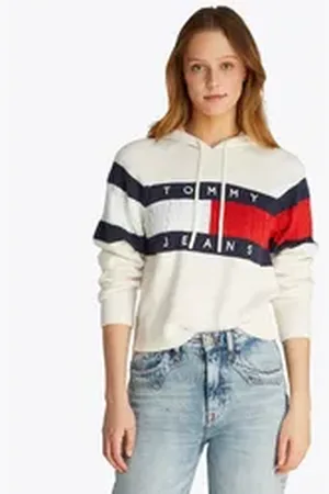 Tommy Hilfiger Kapuzenpullover TJW CENTER FLAG HOOD SWEATER EXT mit Kapuze, großem Logo-Flag weiß XS (34)