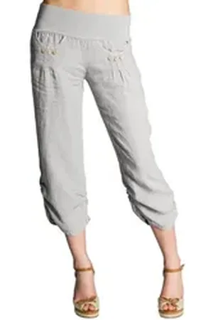 CASPAR Leinenhose KHS017 Damen 3/4 Hose aus robustem Leinen mit breitem Stretch Bund - Made in Italy grau XL - DE42 UK14 IT46 ES44 US12