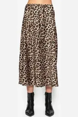 SASSYCLASSY Schlupfrock Leo Satin Midirock Damen in A-Linie elegant Weicher Satinrock mit Gummibund und Leo-Print Schwarz Beige Braun beige|braun|schwarz L