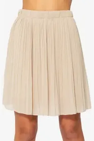 SASSYCLASSY Plisseerock Mini Plissée Rock Damen mit Gummibund Elegant A-Linien-Rock kurz aus Chiffon mit Unterrock und Ton in Ton Nähten beige L