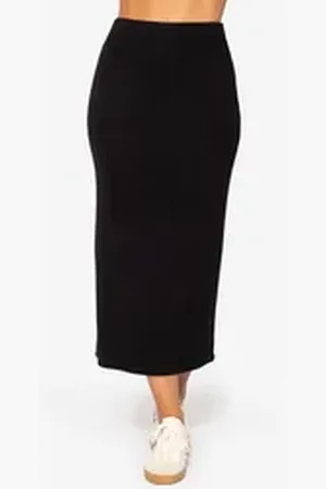 SASSYCLASSY Strickrock Gerippter Midirock Damen mit elastischem Bund Figurbetonter Strickrock mit High Waist Sitz Grau Beige Schwarz Khaki schwarz L