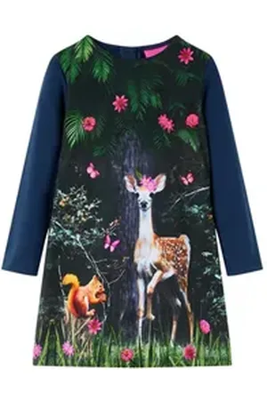 vidaXL A-Linien-Kleid Kinderkleid mit Langen Ärmeln Hirsch-Aufdruck Marineblau 128 blau