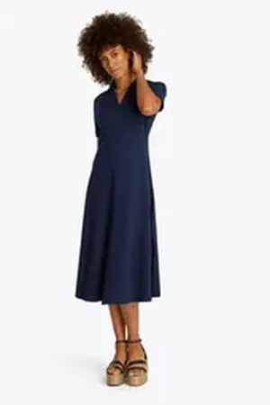 Tommy Hilfiger Polokleid LYOCELL OPEN-NK MIDI DRESS in Midi-Länge, mit angeschnittenen Ärmeln blau L (40)