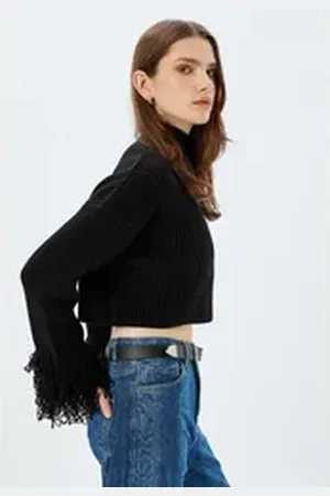 Koton Stehkragenpullover Standkragen Mit Fransen schwarz XS