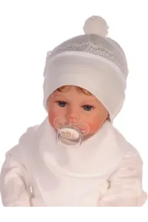 La Bortini Erstlingsmütze Baby Mütze in Creme für Mädchen mit Rüschen und Bommel festlich aus reiner Baumwolle, doppellagig, festlich, 32 bis 46 beige 37-39