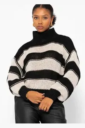 SASSYCLASSY Rollkragenpullover Oversize Rollkragen Strickpullover Damen Elegant Warmer Pullover aus Grobstrick in Streifen Design Schwarz Weiß Beige beige|schwarz S/M