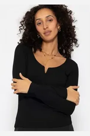 SASSYCLASSY Longshirt Geripptes Langarmshirt Damen mit V-Ausschnitt Shirt mit V-Detail Elegant Figurbetonte Passform Weiß Schwarz Grau schwarz XS