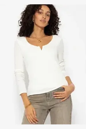 SASSYCLASSY Longshirt Geripptes Langarmshirt Damen mit V-Ausschnitt Shirt mit V-Detail Elegant Figurbetonte Passform Weiß Schwarz Grau weiß L