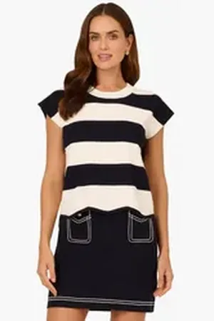 Adrianna Papell Kurzarmshirt Crew Neck Wide Striped Directional Shaker Stitch Sweater Casual, Basic, Abendessen, Arbeit weiß XL