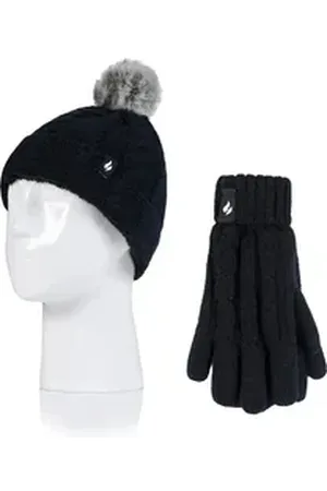 Heat Holders Strickmütze Mädchen (7-10 Jahre) Set Mütze mit Pom Pom und Handschuhen schwarz