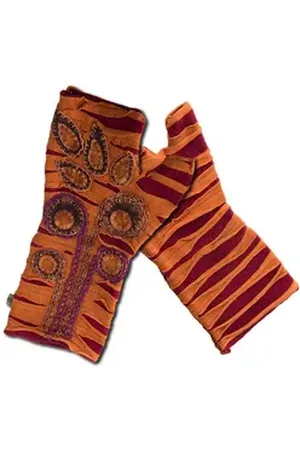 Vishes Armstulpen Bestickte Damen Handschuhe Stulpen mit Daumen Fleece Gefüttert Alternative Bekleidung, Hippie, Goa Style orange