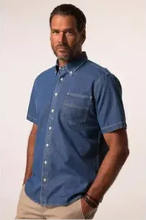 JP 1880 Kurzarmhemd Jeanshemd Halbarm Buttondown-Kragen Modern Fit blau 7XL