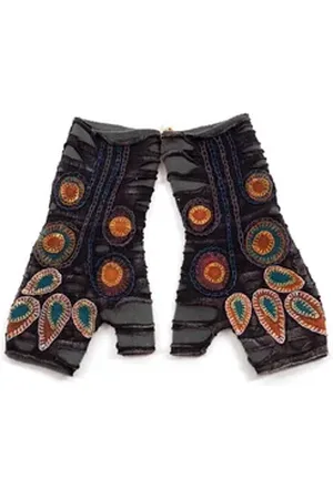 Vishes Armstulpen Bestickte Damen Handschuhe Stulpen mit Daumen Fleece Gefüttert Alternative Bekleidung, Hippie, Goa Style schwarz