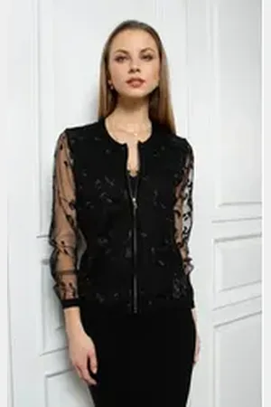 Passioni Cardigan aus Bestickter Spitze mit Reißverschluss schwarz XXL