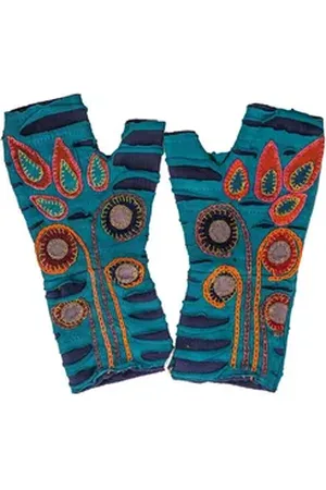 Vishes Armstulpen Bestickte Damen Handschuhe Stulpen mit Daumen Fleece Gefüttert Alternative Bekleidung, Hippie, Goa Style blau