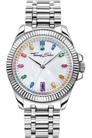 Thomas Sabo Quarzuhr DIVINE RAINBOW WA0394-201-201-33 MM, Armbanduhr, Damenuhr, Zirkonia, Aquamarin, Amethyst, Edelstahlarmband silberfarben