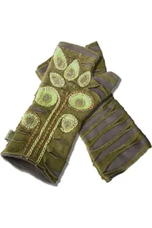 Vishes Armstulpen Bestickte Damen Handschuhe Stulpen mit Daumen Fleece Gefüttert Alternative Bekleidung, Hippie, Goa Style grün