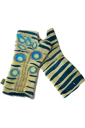 Vishes Armstulpen Bestickte Damen Handschuhe Stulpen mit Daumen Fleece Gefüttert Alternative Bekleidung, Hippie, Goa Style grün