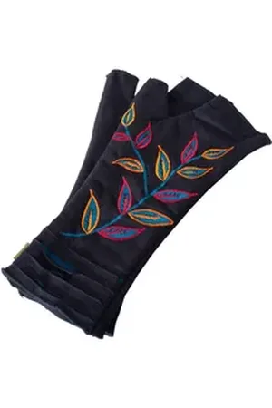 Vishes Armstulpen Bestickte Damen Handschuhe Stulpen mit Daumen Fleece Gefüttert Alternative Bekleidung, Hippie, Goa Style schwarz
