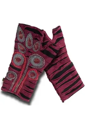 Vishes Armstulpen Bestickte Damen Handschuhe Stulpen mit Daumen Fleece Gefüttert Alternative Bekleidung, Hippie, Goa Style rot|schwarz