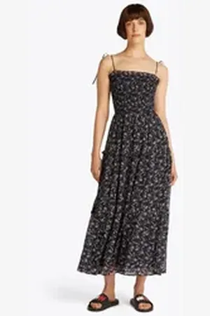 Tommy Hilfiger Maxikleid TJW AOP CHIFFON MAXI DRESS EXT mit Allover-Print, Rüschen schwarz XL (42)