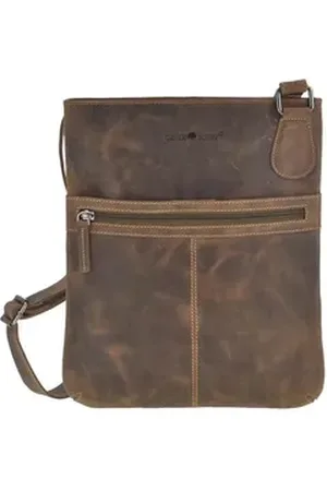 Greenburry Umhängetasche "Vintage" Leder, kleine flache Schultertasche, Damentasche 26x31cm, rustikales Leder braun