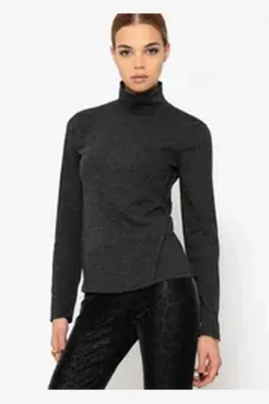 SASSYCLASSY Langarmshirt Geripptes Langarmshirt Damen mit Zeirnähet elegant Rollkragen-Shirt in Rippstruktur aus Jersey Material Taupe Grau grau M