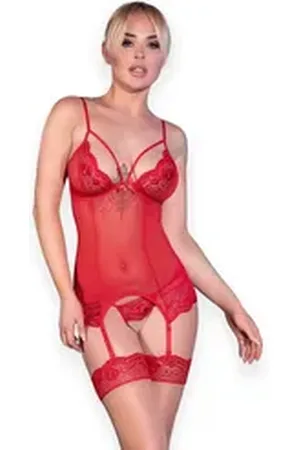 Chilirose Corsage Strapscorsage in rot mit String und Strümpfen (Set) rot S/M