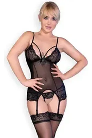 Chilirose Corsage Strapscorsage in schwarz mit String und Strümpfen (Set) schwarz L/XL