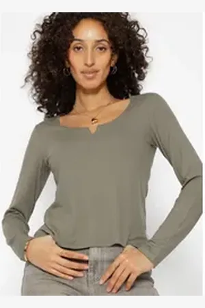 SASSYCLASSY Longshirt Geripptes Langarmshirt Damen mit V-Ausschnitt Shirt mit V-Detail Elegant Figurbetonte Passform Weiß Schwarz Grau M