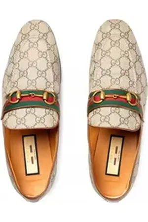 Gucci Web Monogram Horsebit Paride Slippers Loafer GG Supreme-Canvas, antike Goldverzierungen, Vintage-Verfahren beige|braun 40 EU