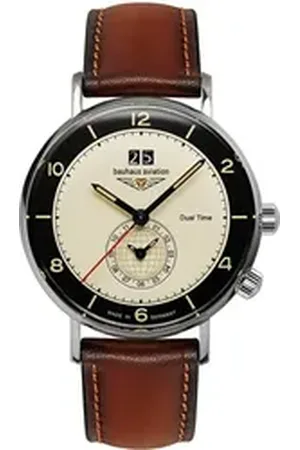 Bauhaus Quarzuhr Vintage Pilot Dual Time 2446-2, Armbanduhr, Herrenuhr, Made in Germany, analog, Tag, Dualzeit braun