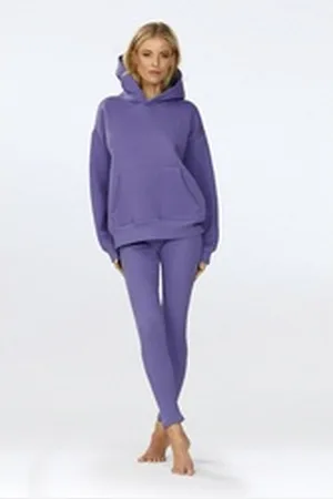 DKaren Freizeitanzug Hausanzug Jogginganzug Leggings Gerippt und Fleece Kapuzenpullover (Set, 2-tlg., Kapuzenpullover + Leggings), Großer Kapuze Baumwolle lila XXL-44
