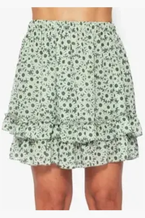 SASSYCLASSY Minirock Rüschenrock Damen kurz in A-Linie mit Volants Minirock Elegant mit Gummibund in Leo Blumen Karo Muster Schwarz Beige grün S