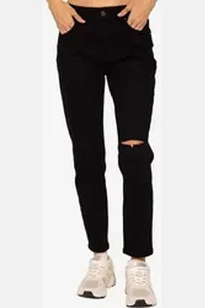 SASSYCLASSY Skinny-fit-Jeans Mid-Rise Straight Destroyed Jeans Damen Jeans mit Comfort Stretch, 5-Pocket-Style, 7/8 Länge schwarz 34