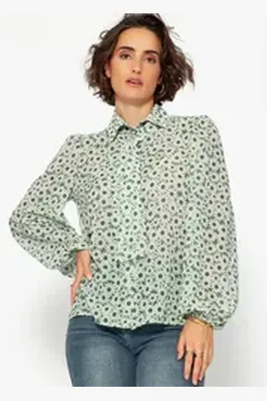 SASSYCLASSY Langarmbluse Geblümte Bluse Damen mit Schluppenverschluss Elegante Bluse mit Schluppenkragen Ballonärmeln floralem Print Grün grün S