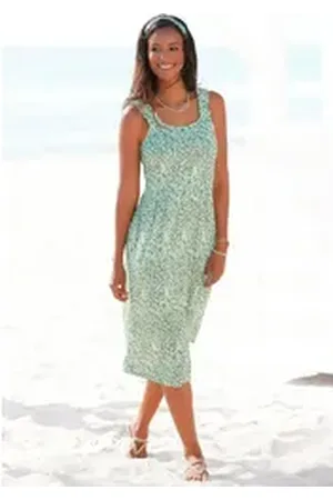 beachtime Jerseykleid mit Blätterdruck und Taschen, leichtes Strandkleid, Sommerkleid grün 40