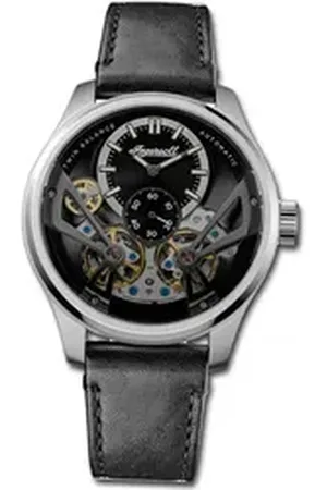 INGERSOLL 1892 Quarzuhr Herrenuhr Leder schwarz, (Analoguhr), Herrenuhr Lederarmband schwarz, rundes Gehäuse, extra groß (ca. 46mm) schwarz