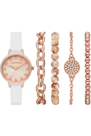 Skechers Quarzuhr MOP DIAL SET SR9080, (Set, 5-tlg., mit 4 dazu passenden Schmuckarmbändern), Armbanduhr, Damenuhr, Glitzer, ideal als Geschenk weiß
