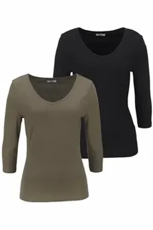 FLASHLIGHTS V-Shirt (Packung, 2-tlg., 2er-Pack) unifarben, V-Ausschnitt, Basic-Stil, aus Baumwolle, im 2er-Pack grün|schwarz 36/38
