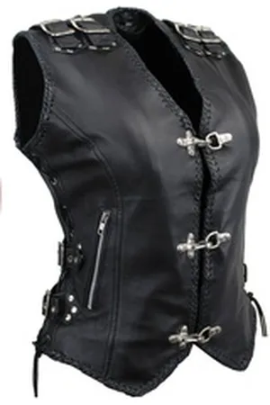 ALPHA Motorradweste Damen Motorradkutte Bikerweste Lederkutte-/ Lederweste Schwarz (2-Schnallen / Karneval Weste) mit Leder Schnüre genschnürt 4XL