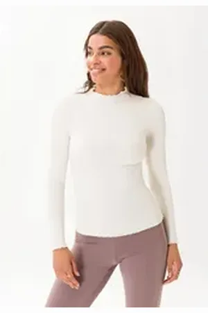Les Lunes Langarmshirt Fleur Wellensaum, figurbetont, weiches Ripp-Material, angeschnittener Kragen weiß XXS