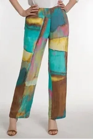 Ulla Popken Funktionshose Marlenehose Artwork weites gerades Bein blau 48