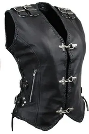 ALPHA Motorradweste Damen Motorradkutte Bikerweste Lederkutte-/ Lederweste Schwarz (2-Schnallen / Karneval Weste) mit Leder Schnüre genschnürt XS