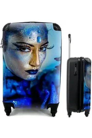 MuchoWow Handgepäckkoffer Frau - Gold - Blau, 4 Rollen, Reisetasche mit rollen, Handgepäck für Ferien, Trolley, Reisekoffer bunt