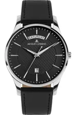 Jacques Lemans Quarzuhr London 1-2193A, Armbanduhr, Herrenuhr, Lederarmband, analog, Wochentag, Tag schwarz